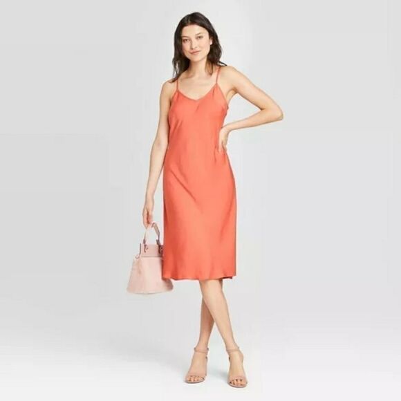 Women's Satin Midi Coral Slip Dress S XS New - Picture 1 of 4